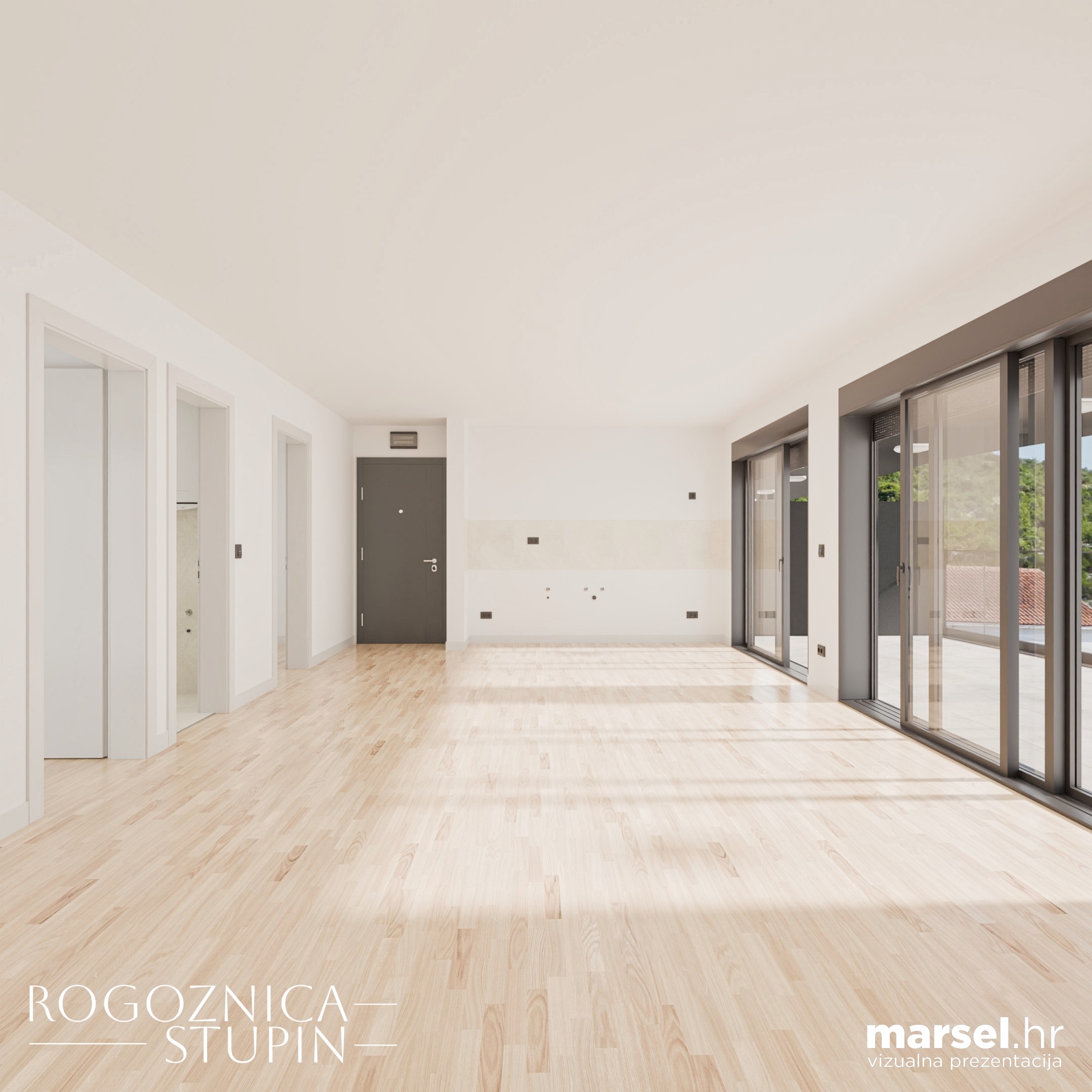 Vizualizacija interijera apartmana u novogradnji Rogoznica Stupin. Prostrani i svijetli unutarnji prostori s pogledom na more, idealni za stanovanje ili investiranje u apartman na dalmatinskoj obali.